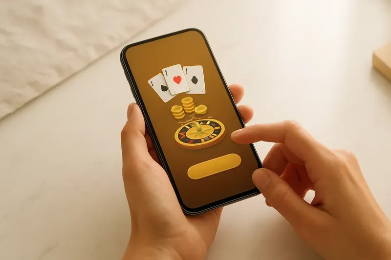 Close-up of hands holding smartphone with casino app on marble surface