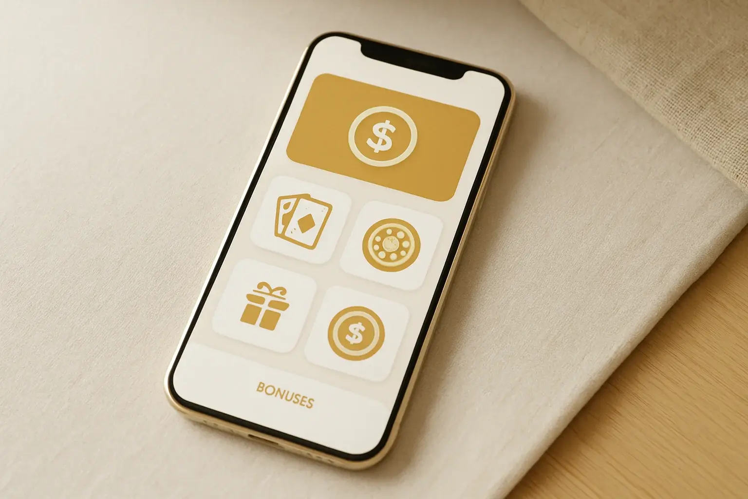 Casino App Interface Modern smartphone displaying sleek casino app with games and bonuses