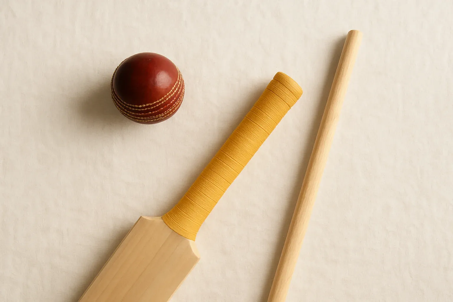 Cricket Gear Flat Lay Overhead flat lay of cricket ball, bat handle and stump