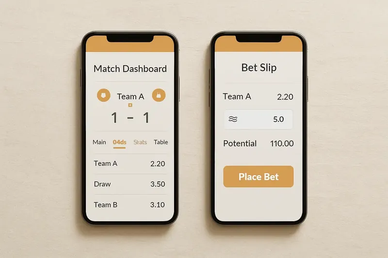 Two smartphones showing match dashboard and bet slip on cream surface