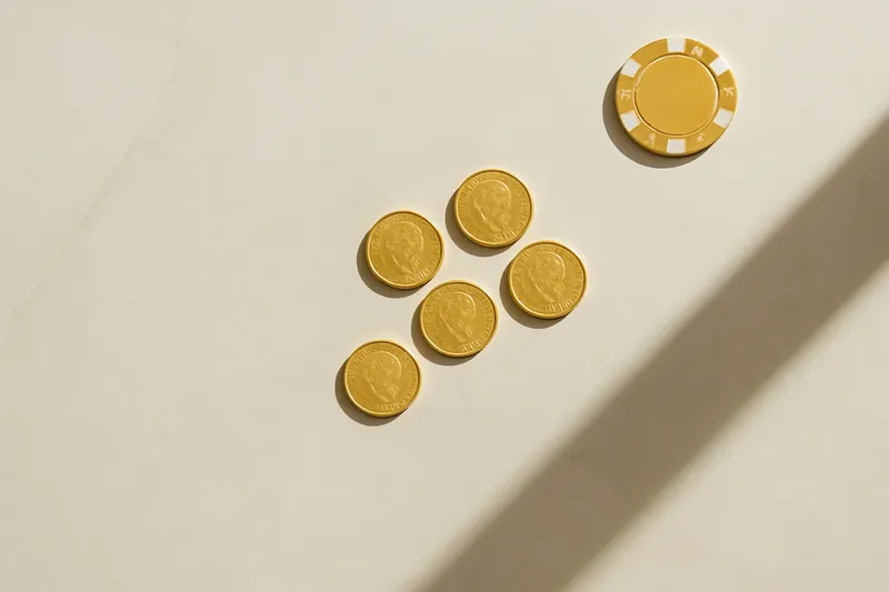 Five gold coins on cream marble with poker chip edge