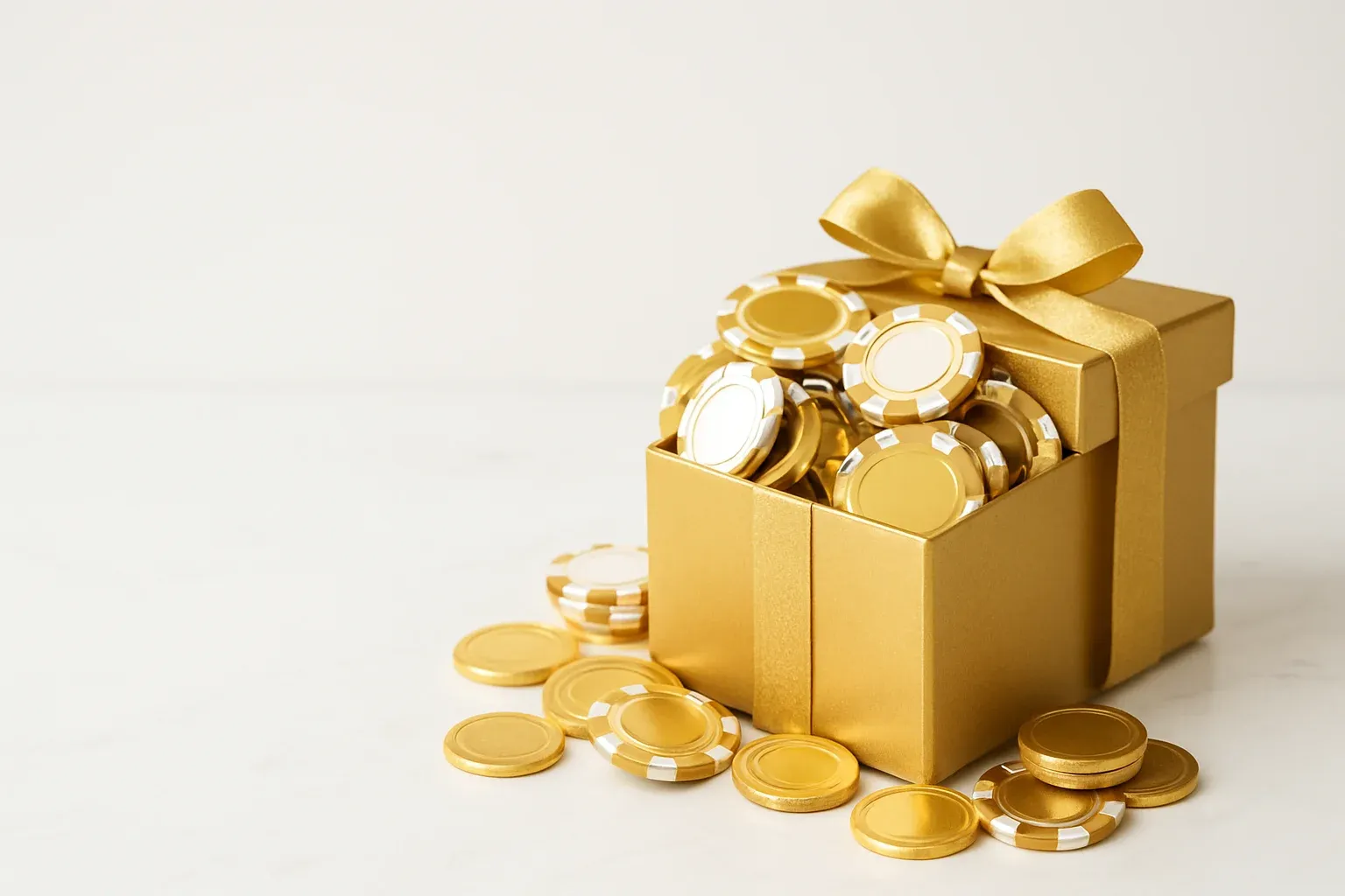Golden gift box overflowing with poker chips and gold coins