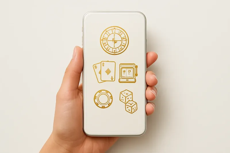 Hand holding smartphone with clean light-themed casino interface in warm lighting