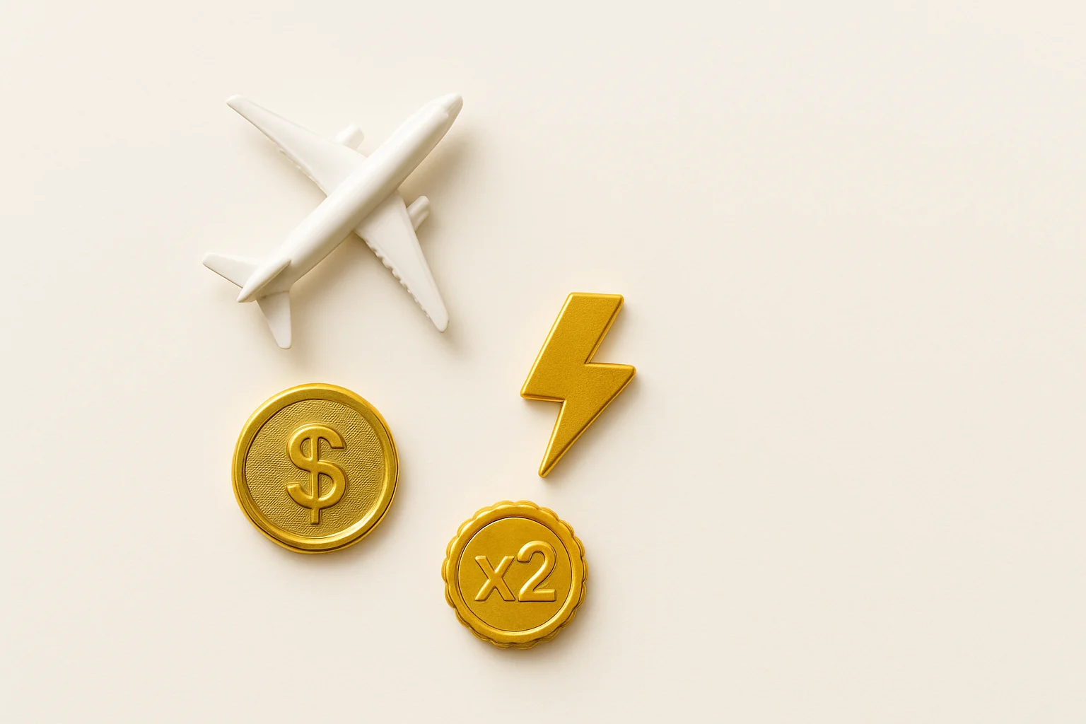Overhead flat lay with airplane figurine, gold coin, lightning token, multiplier badge