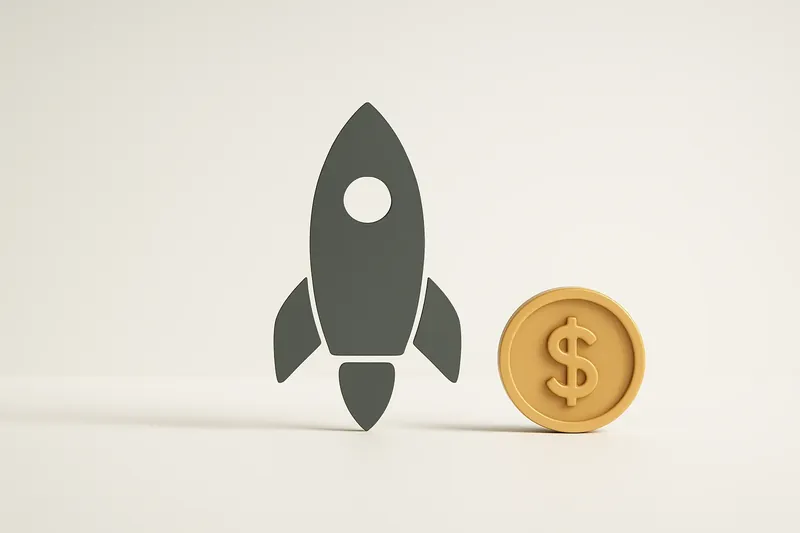 Minimalist rocket icon with gold coin on white background