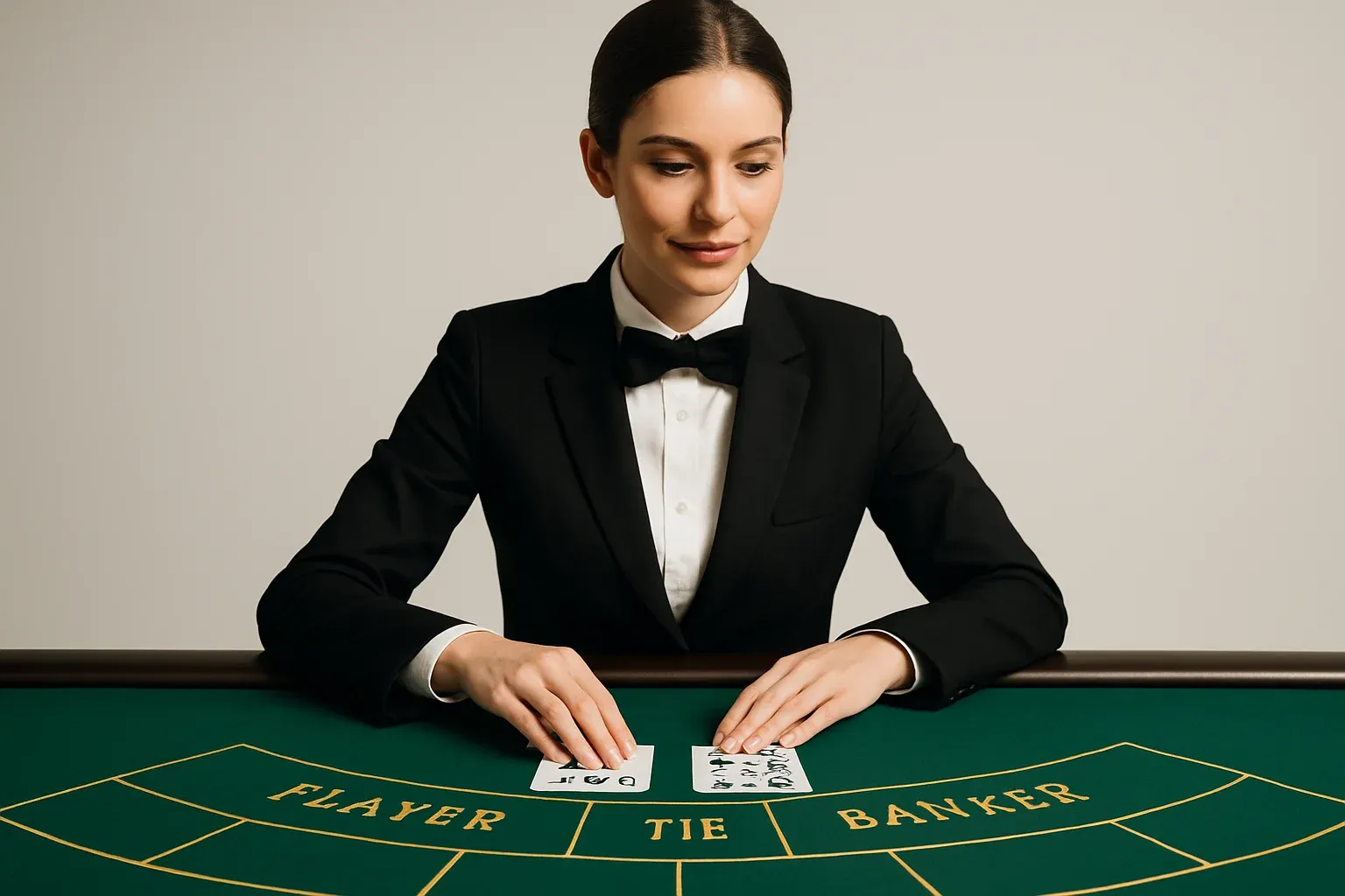 Live Dealer Baccarat Professional female dealer at elegant live baccarat table in casino