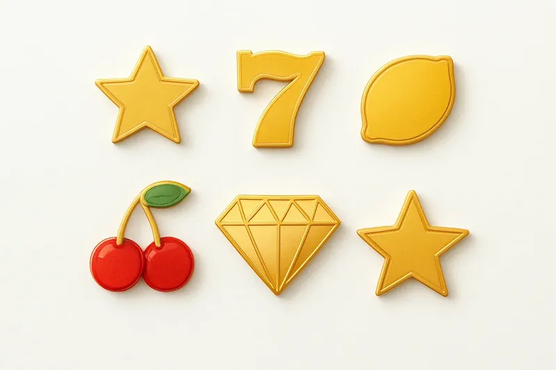 Assorted casino slot game icons with fruit, diamonds, lucky sevens, and stars