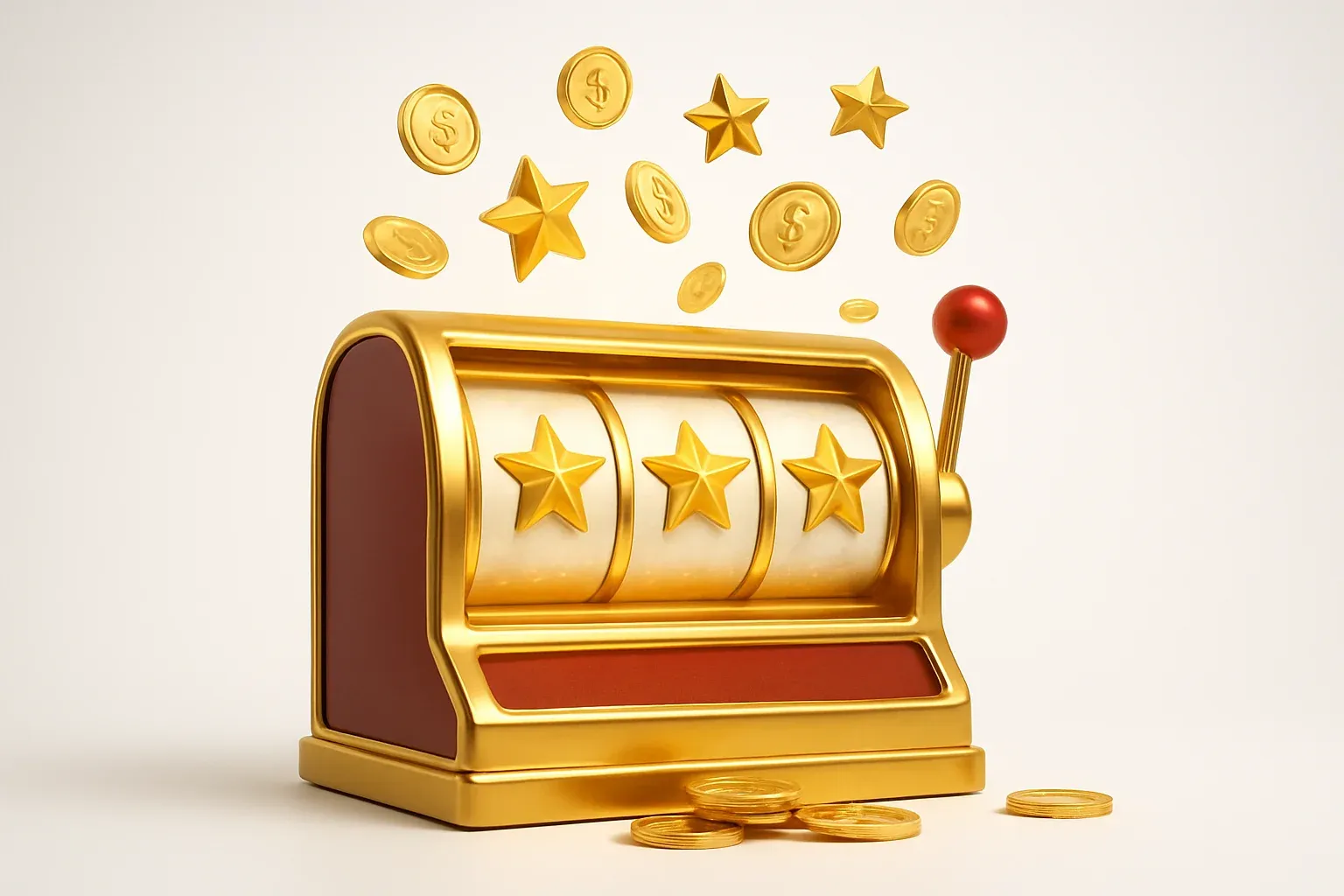 Slot machine jackpot with coins and stars on white background